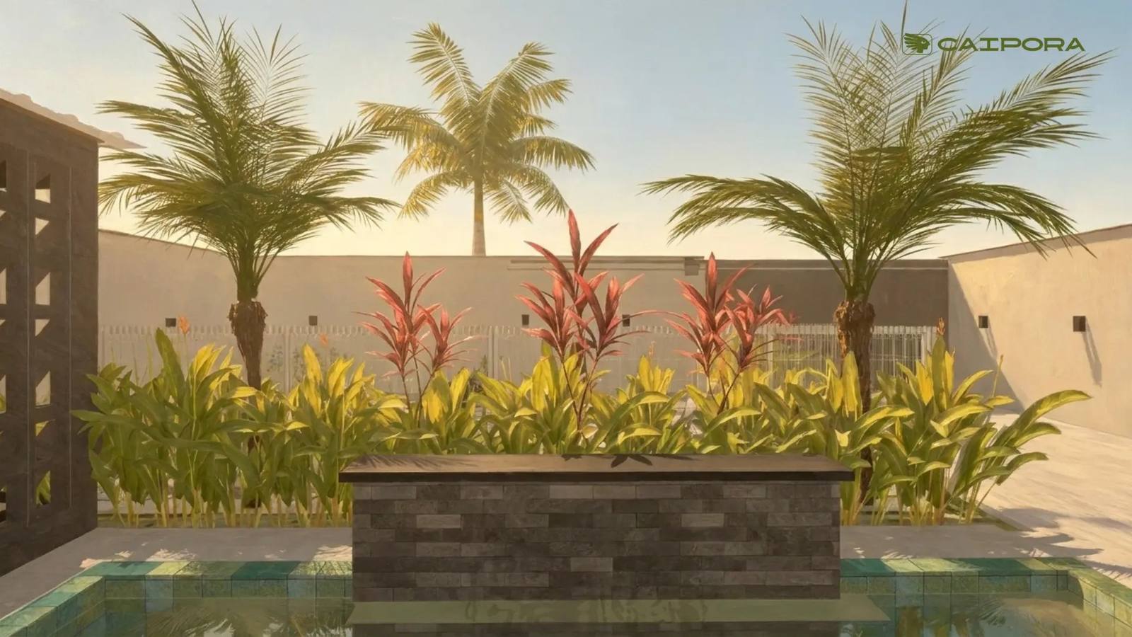 Detalhe de paisagismo tropical contornando piscina de jardim pequeno, destacando texturas e folhagens de cores vibrantes.