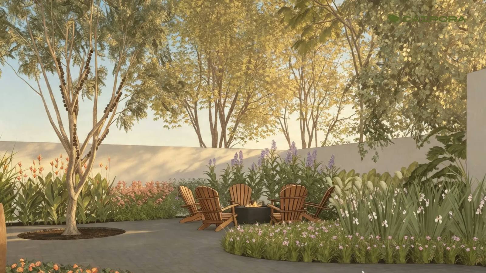 Projeto de jardim com espaço de convivência e lareira ecológica, com destaque para a composição botânica.