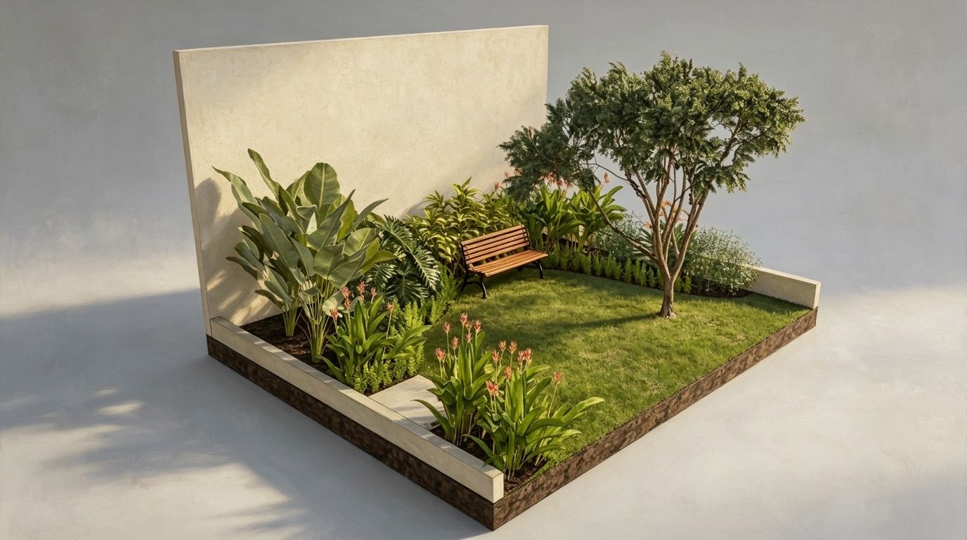 Maquete eletrônica 3D em formato diorama de jardim naturalista com Guaimbê e Helicônias em Foz do Iguaçu.